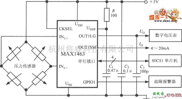 传感器单片系统应用方案中的MAX1463构成的高精度压力检测系统电路图  第1张