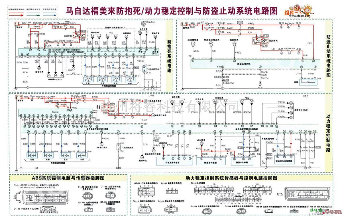 马自达中的马自达福美来防抱死及动力稳定控制与防盗止动系统电路图  第1张