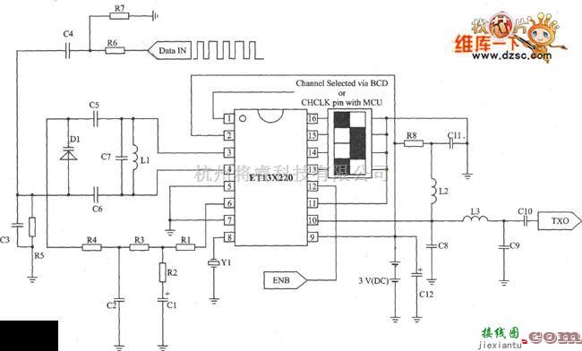 无线发射中的ETl3X220 FM/FSK 27 MHz 发射器电路图  第1张