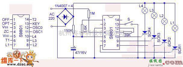 灯光控制中的十六功能彩灯控制集成电路S9801电路图  第1张