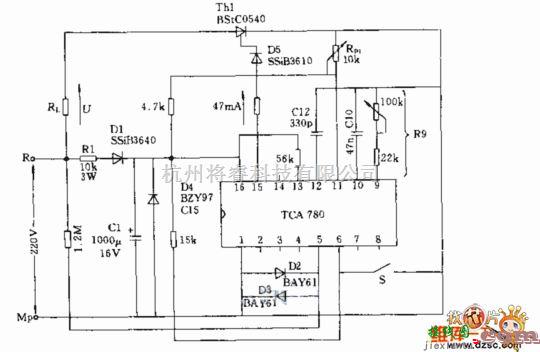 晶闸管控制中的采用集成触发器TcA780的品闭管控制电路图  第1张