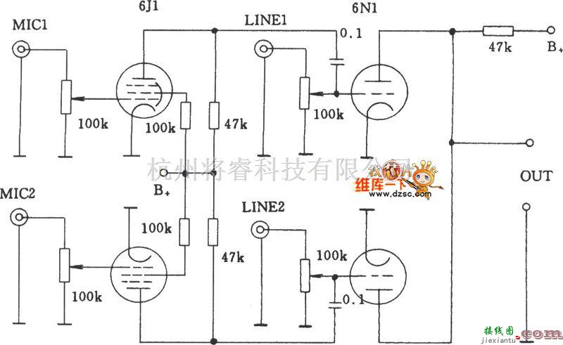 电子管功放中的多路音频混合电路图  第1张