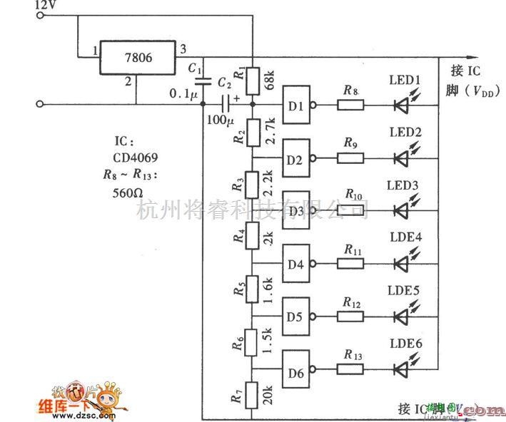 LED电路中的电路结构简单的LED电压表电路图  第1张