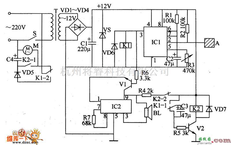 综合电路中的电风扇防触伤控制器电路图  第1张