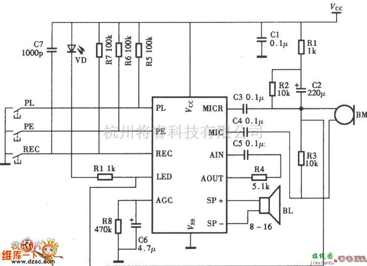 语音电路中的采用ML-1020的录音喊话器电路图  第1张