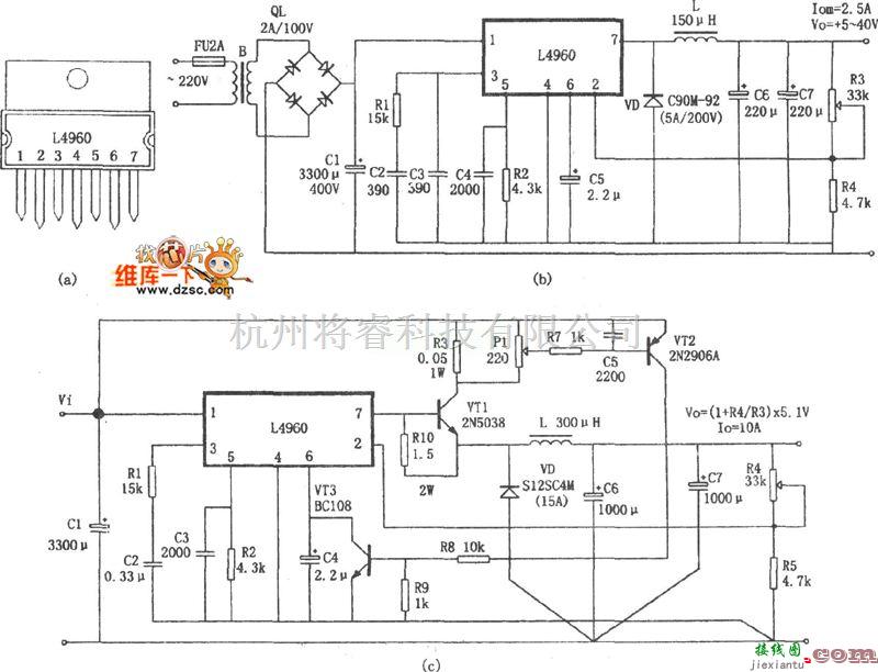 开关稳压电源中的由L4960构成的+5～+40V开关电源电路图  第1张