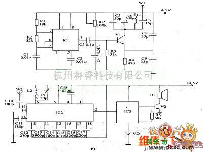 报警控制中的由无线发射器电路和无线接收报警器电路组成的防丢失报警器电路图  第1张