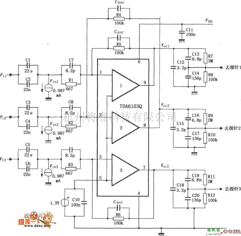 调节/测量放大电路中的TDA6103Q的具有反馈因数1／150的测试电路图  第1张