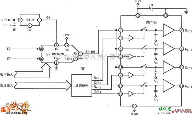 采样保持放大电路中的采样保持放大器SMP04用做多路输出选择器电路图  第1张