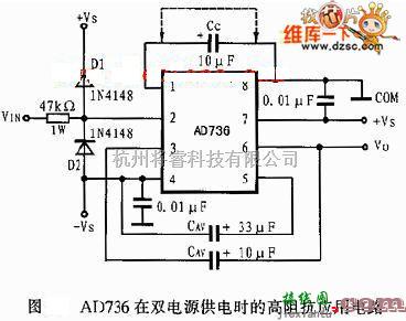 单片机制作中的AD736在双电源供电时的高阻抗应用电路图  第1张