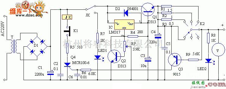 稳压电源中的有限流功能的简易可调稳压电源电路图  第1张