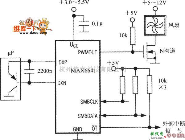 温度传感电路中的基于SMBus总线的智能温度控制器MAX6641的典型应用电路图  第1张