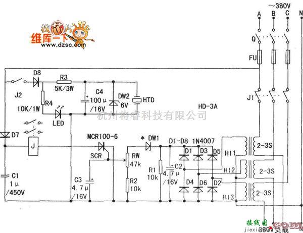 保护电路中的HD一3A型节能限额三相供电保护器电路图  第1张