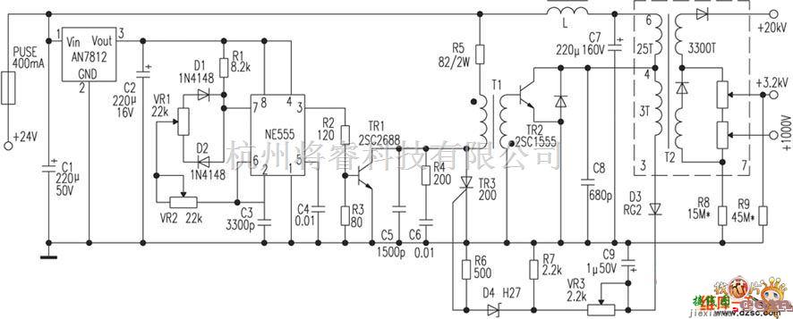 电源电路中的24V供电CRT高压电源电路图  第1张