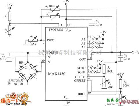 传感信号调理中的MAX1450构成的压力信号调理电路图  第1张