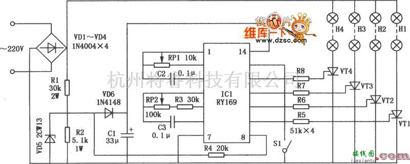 灯光控制中的RY169构成的节日闪烁彩灯电路图  第1张