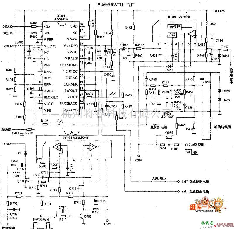 集成电路构成的信号产生中的松下mx8c机芯场扫描电路及枕形校正电路图  第1张