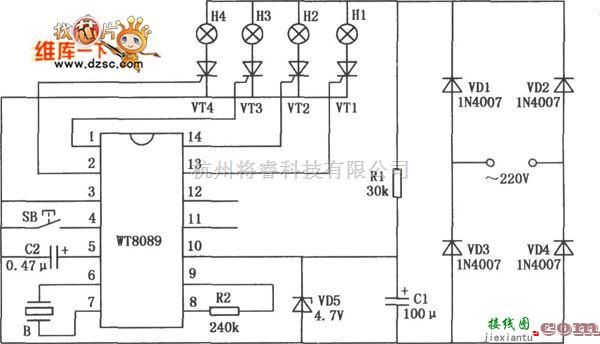 灯光控制中的花样彩灯控制电路图(WT8089)  第1张