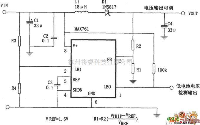 DC-DC中的MAX761构成的可调输出升压电源电路图  第1张