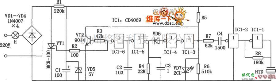 灯光控制中的CD4069组成的照明灯节能控制器电路图  第1张