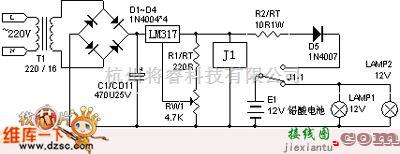 灯光控制中的采用恒压限流浮充方式的停电照明灯电路图  第1张