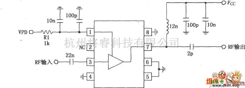 仪表放大器中的RF2347构成的880MHz低噪声放大器应用电路图  第1张