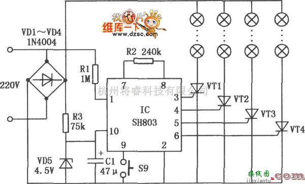 灯光控制中的SH803构成的彩灯控制电路图  第1张