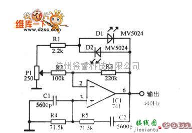 正弦信号产生中的使用发光二极管和运算放大器的400Hz正弦波电路图  第1张