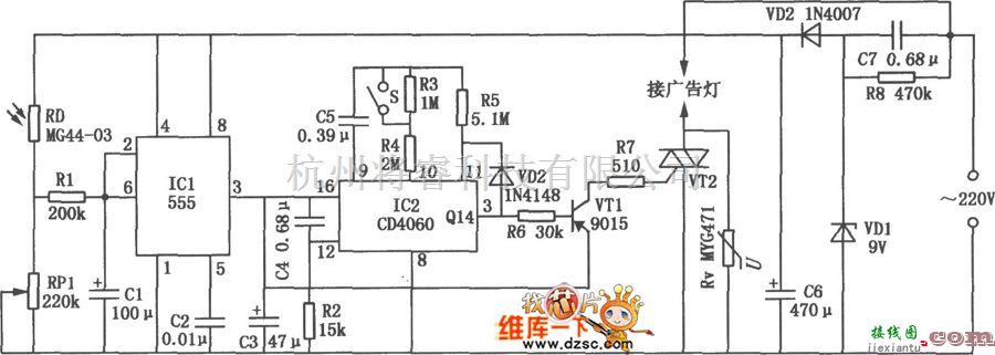 灯光控制中的555、CD4060组成的广告灯自动控制电路图  第1张