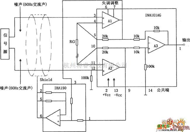 仪表放大器电路中的消除交流声的仪用放大器(INA101)电路图  第1张