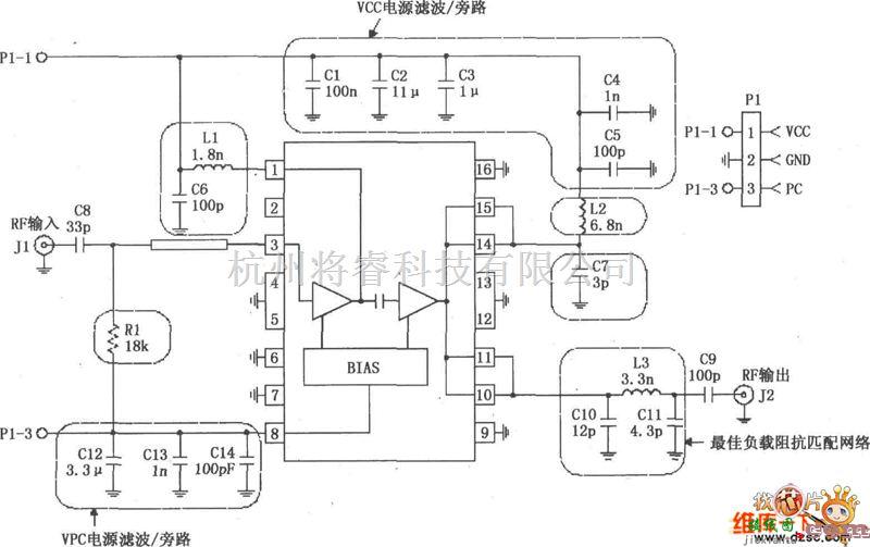 射频放大器中的RF2132构成的线性功率放大器电路图  第1张