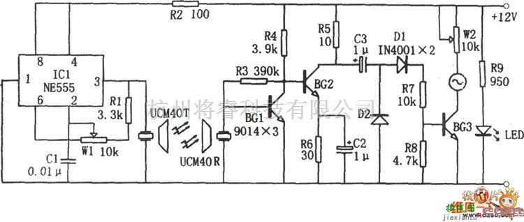 超声波传感器中的NE555构成的超声波液位指示电路图  第1张