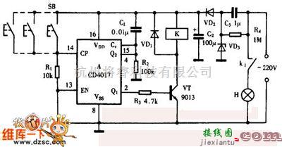 灯光控制中的巧用cd4017作多地控制开关电路图  第1张