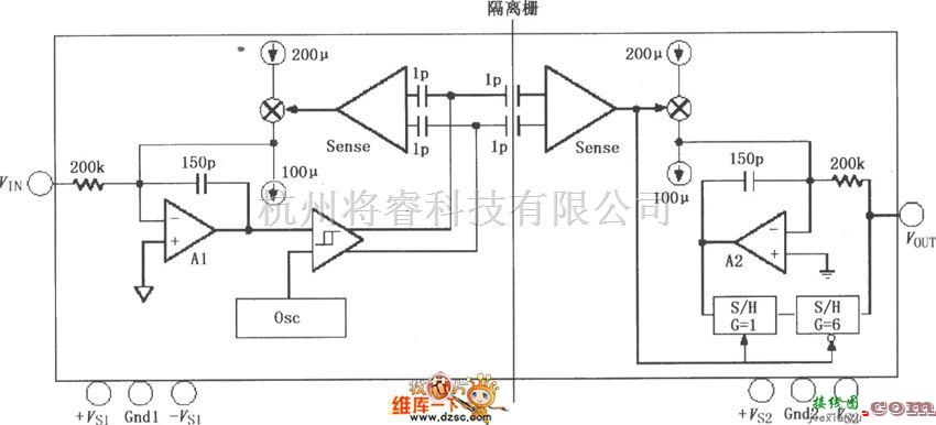 耦合隔离放大电路中的精密隔离放大器ISO122／124引脚电路图  第2张