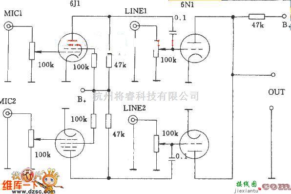 电子管功放中的电子管多路音频混合电路图一  第1张