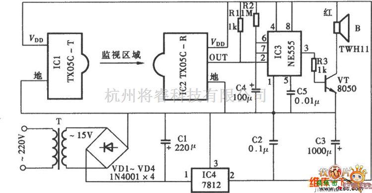 报警控制中的门窗红外监视防盗报警器电路图  第1张