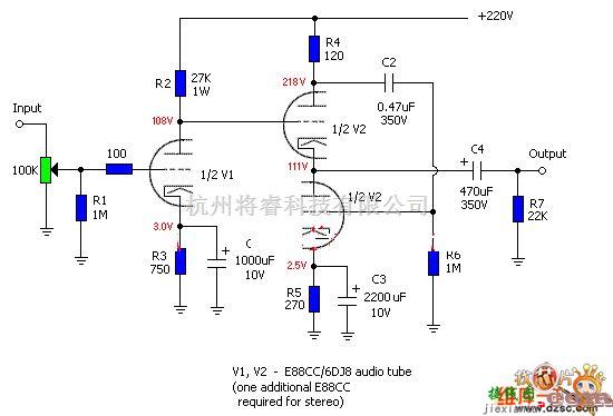 电子管功放中的电子管e88cc组成的耳放电路图  第1张