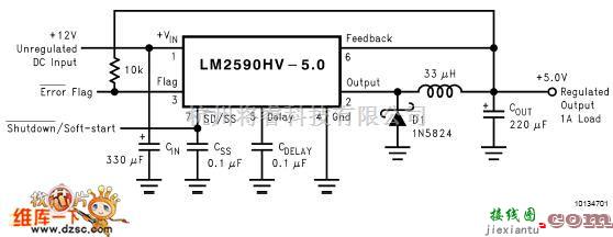 单片机制作中的LM2590应用电路图(输入12V,输出5v)  第1张