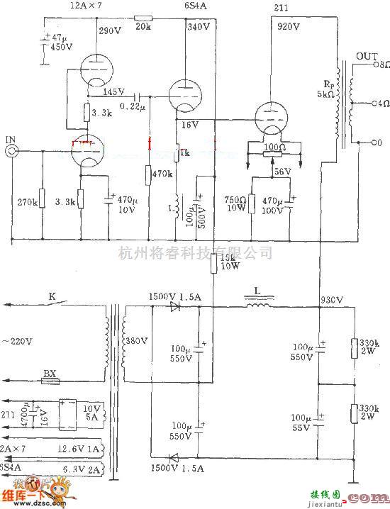 电子管功放中的电子管单端A类211功放电路图  第1张