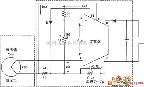 电流环放大中的XTR101热电偶输入电路图  第1张