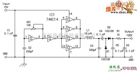 综合电路中的+5v输入+30v输出升压电路图  第1张