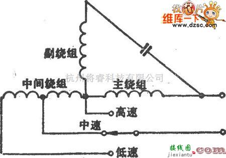 综合电路中的T型绕组抽头调速电路图  第1张