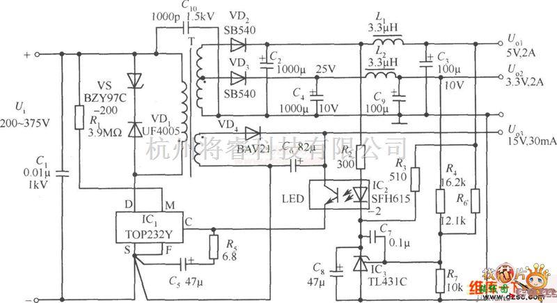 开关稳压电源中的TOP232Y 3路输出开关电源电路图  第1张