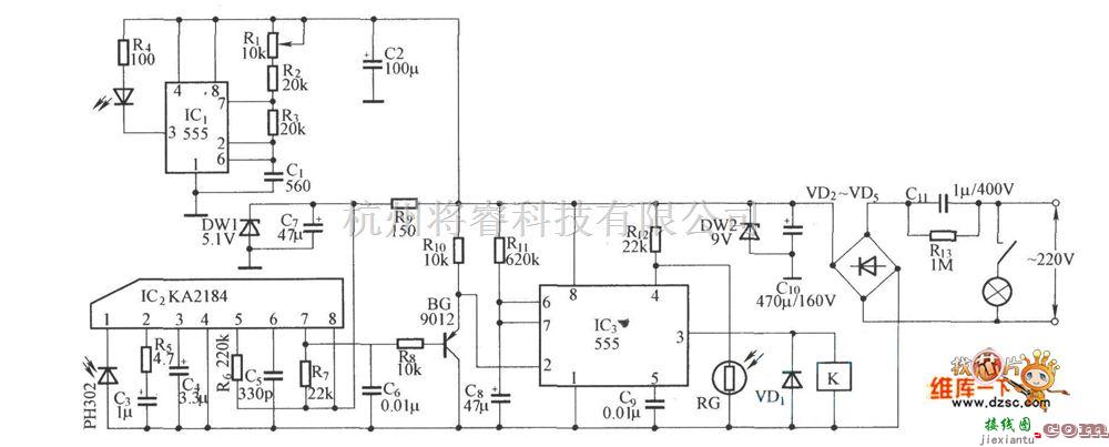 红外线热释遥控中的红外延时照明开关电路图  第1张