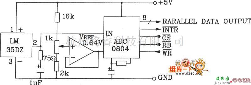 温度传感电路中的LM35DZ摄氏温度传感器构成温度量A／D转换为并行三态输出标准微机接口数据总线电路图  第1张