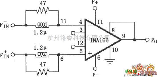 仪表放大器电路中的INA166的输入稳定网络电路图  第1张