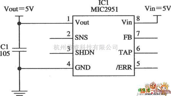 稳压电源中的由MIC2951构成的5V限流器电路图  第1张