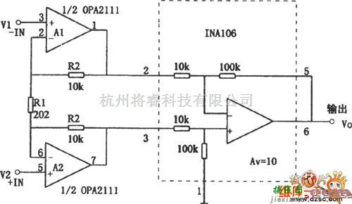 仪表放大器电路中的OPA2111构成的高精度、高阻抗的仪用放大器电路图  第1张