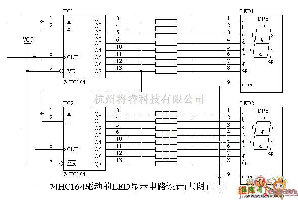 LED电路中的74HC164驱动的LED显示电路（共阴）电路图  第1张