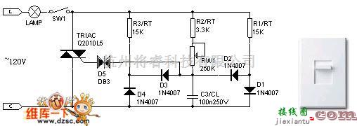 灯光控制中的用于120v白炽灯的可控硅无极调光器电路图  第2张